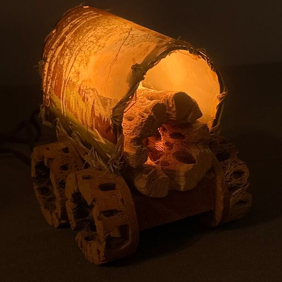 VTG Cholla Cactus Wood Covered Wagon Lamp 5" Rustic Southwest Deer Old West USA - Picture 3 of 16